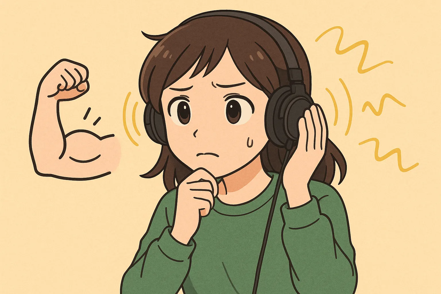 英検準2級リスニングが速く感じる原因（音の処理・リズム・慣れ）を示すイメージ