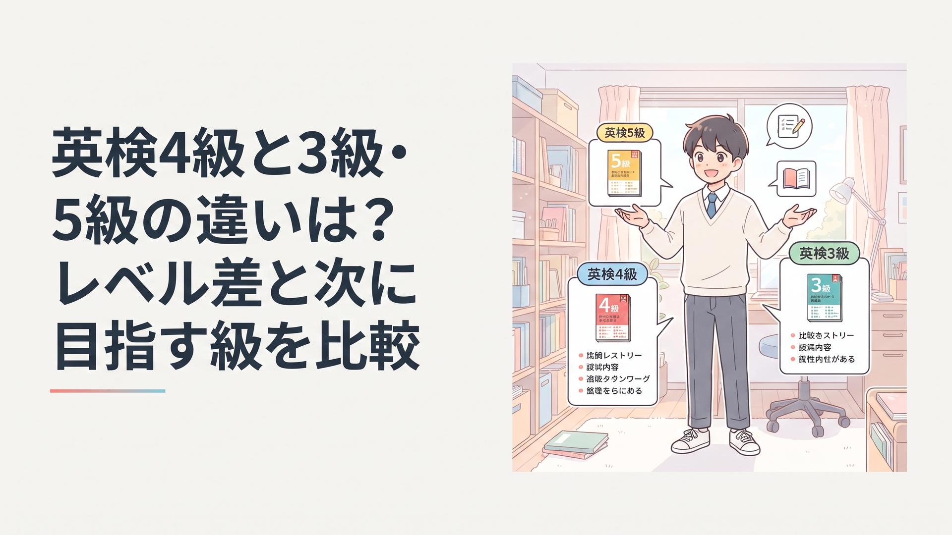 英検5級・4級・3級のレベル差と試験内容を比べる学習者