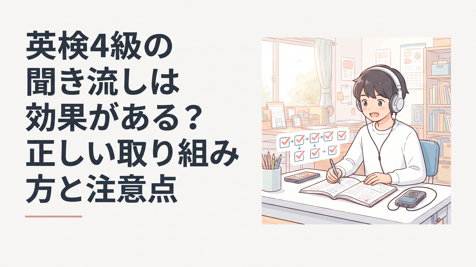 英検4級の過去問音声を聞きながら7ステップ学習に取り組む中学生