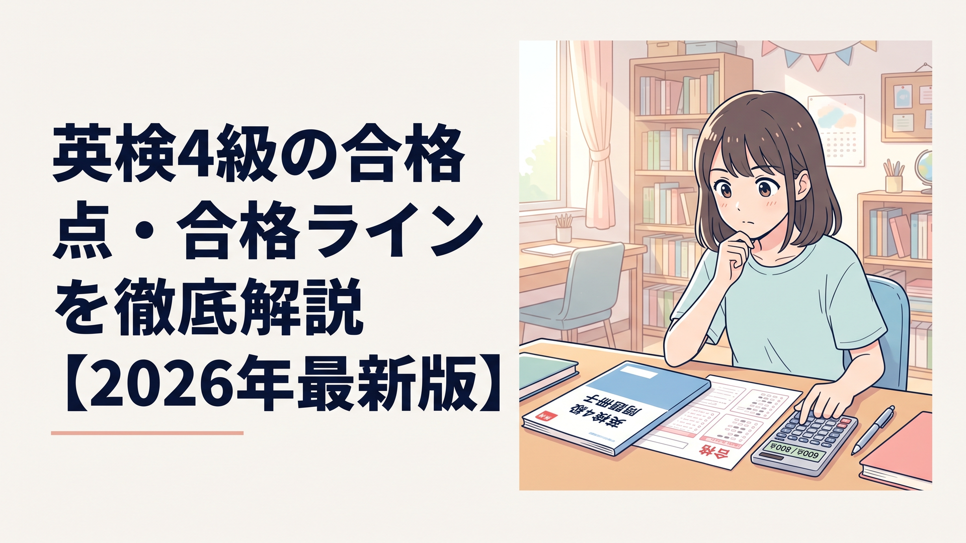 机の上に英検4級の問題冊子と解答用紙、電卓が置かれ、合格ラインを確認している様子