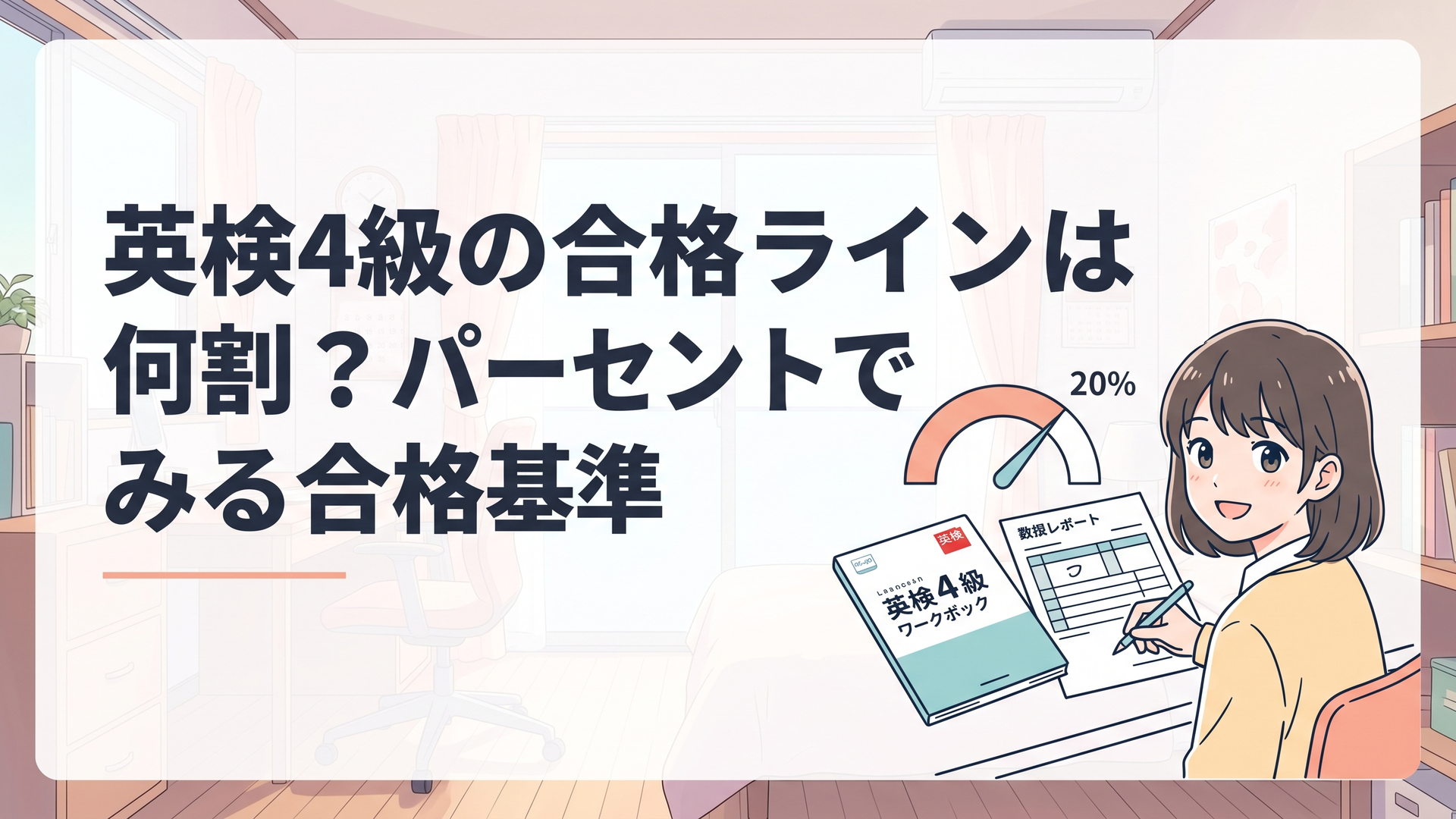 机の上に英検4級の問題集とスコアレポートを並べ、パーセンテージのメーターを描いた学習イメージ