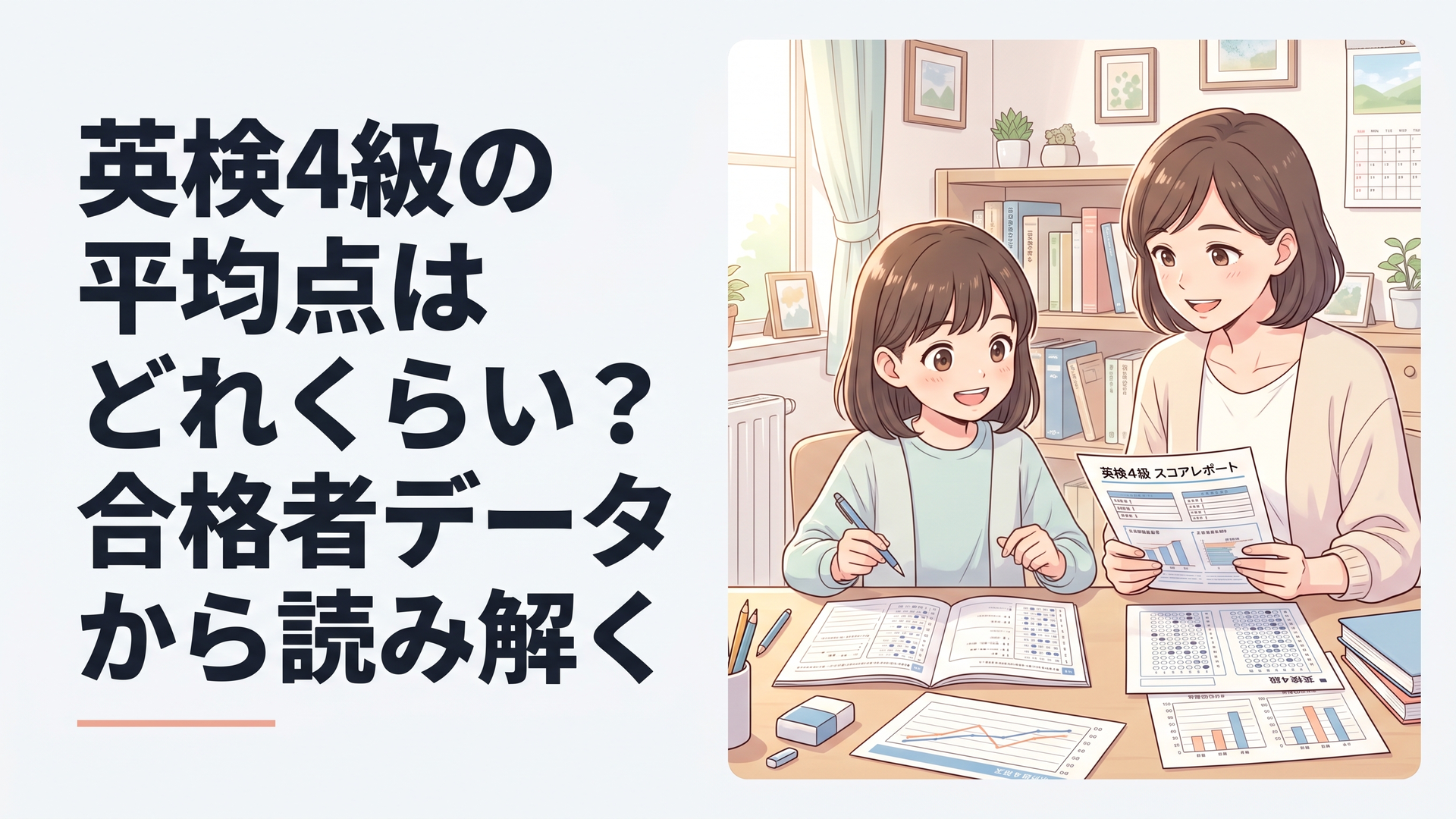 英検4級の解答用紙とスコアレポートを見比べながら平均点を確認する子どもと保護者のイラスト