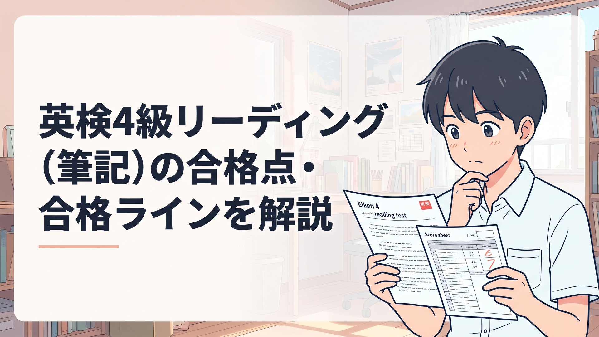 英検4級のリーディング試験用紙とスコア表を見つめる中学生のイラスト