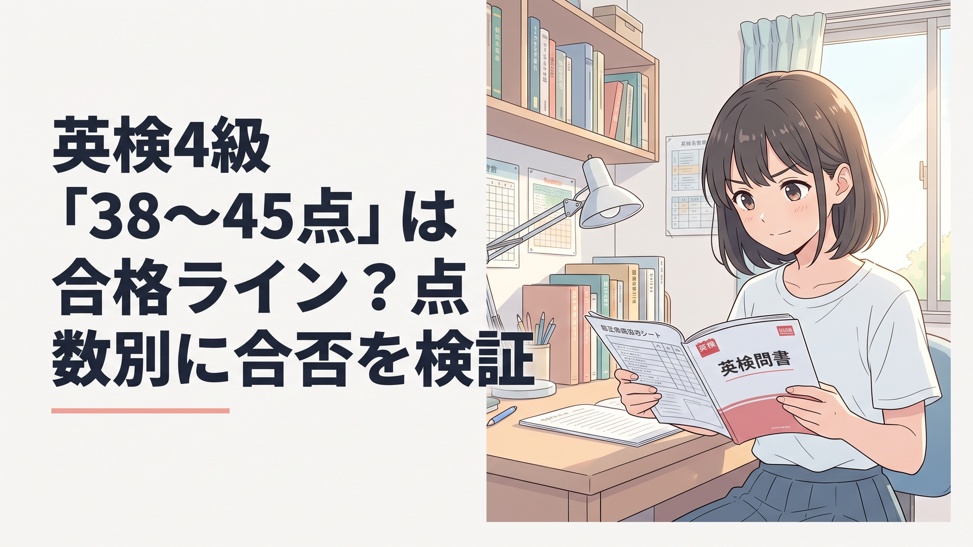 自己採点表と英検の問題冊子を見比べながら合否のボーダーラインを確認する受験者のイメージ