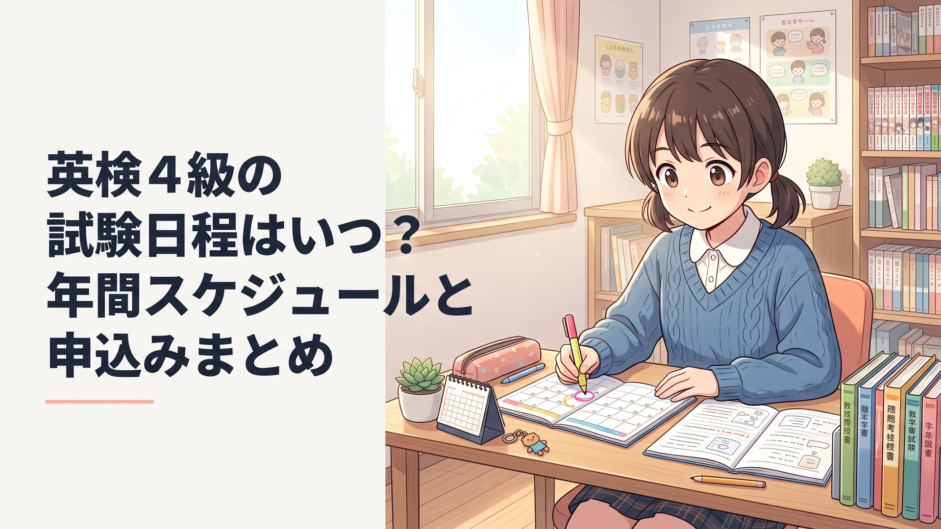 カレンダーに英検4級の試験日を丸で囲み、ノートと参考書を並べて学習計画を立てる小中学生のイメージ