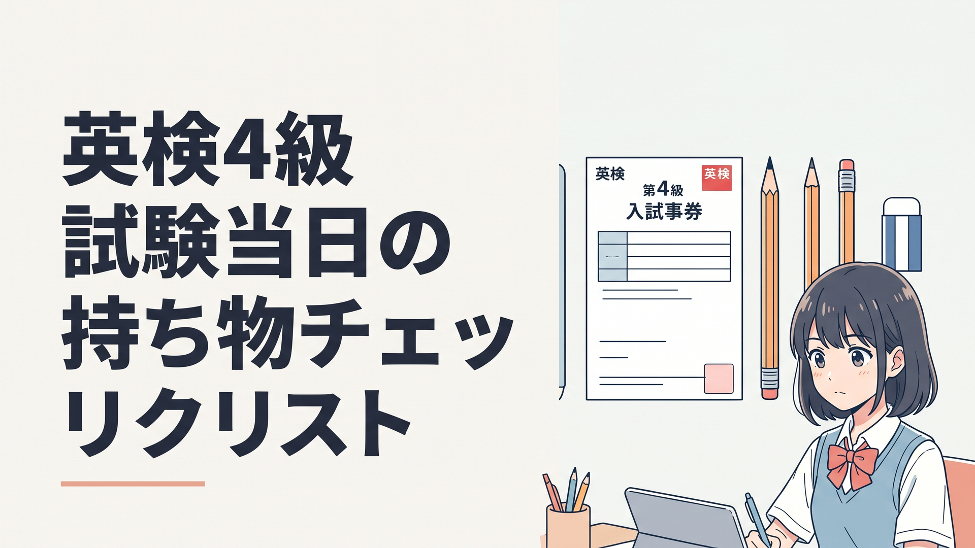 英検4級の受験票と鉛筆、消しゴムが机の上に並んでいるシーン