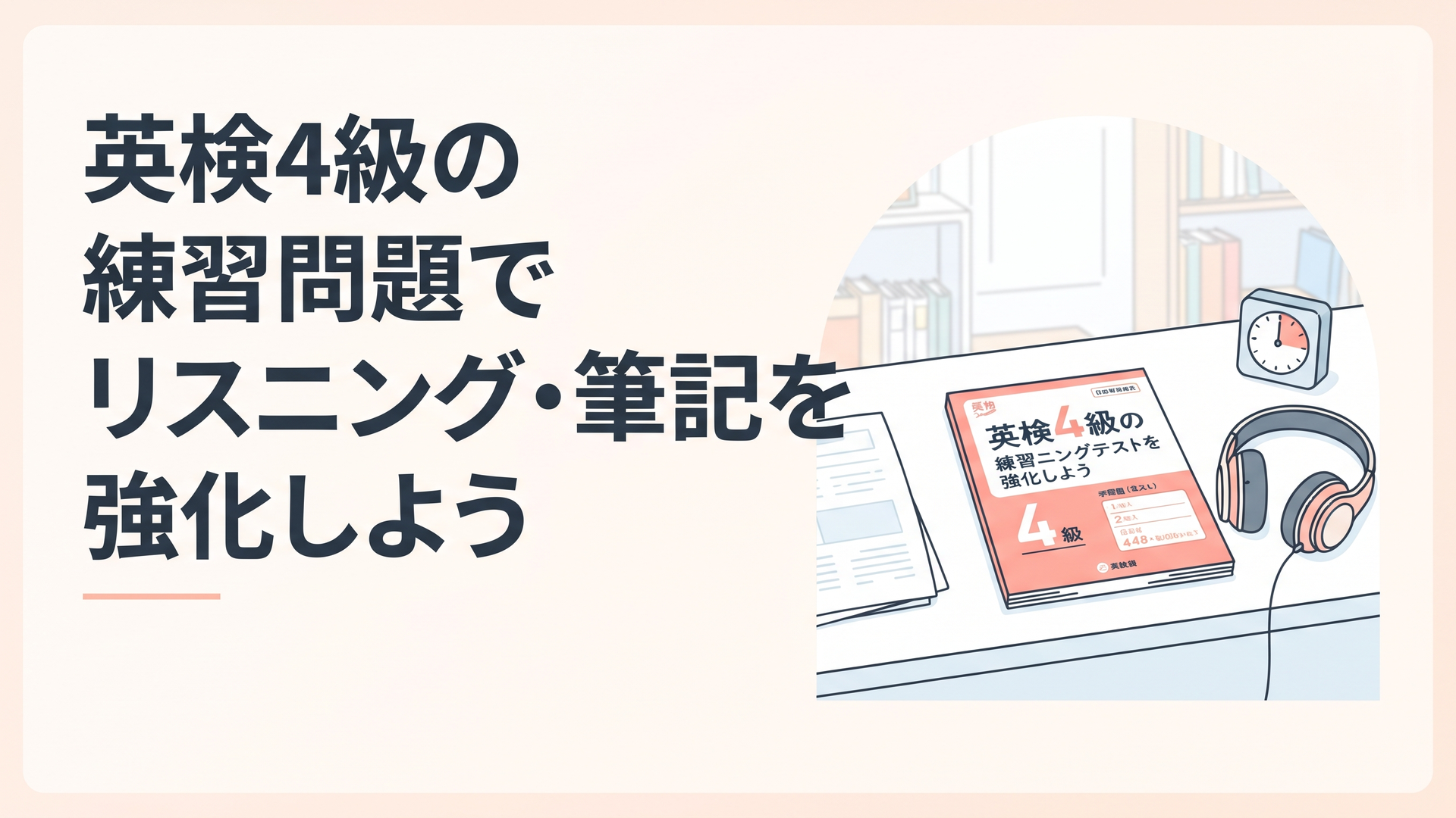 机に広げた英検4級の練習問題とヘッドホン、タイマーが並ぶ学習机のシーン